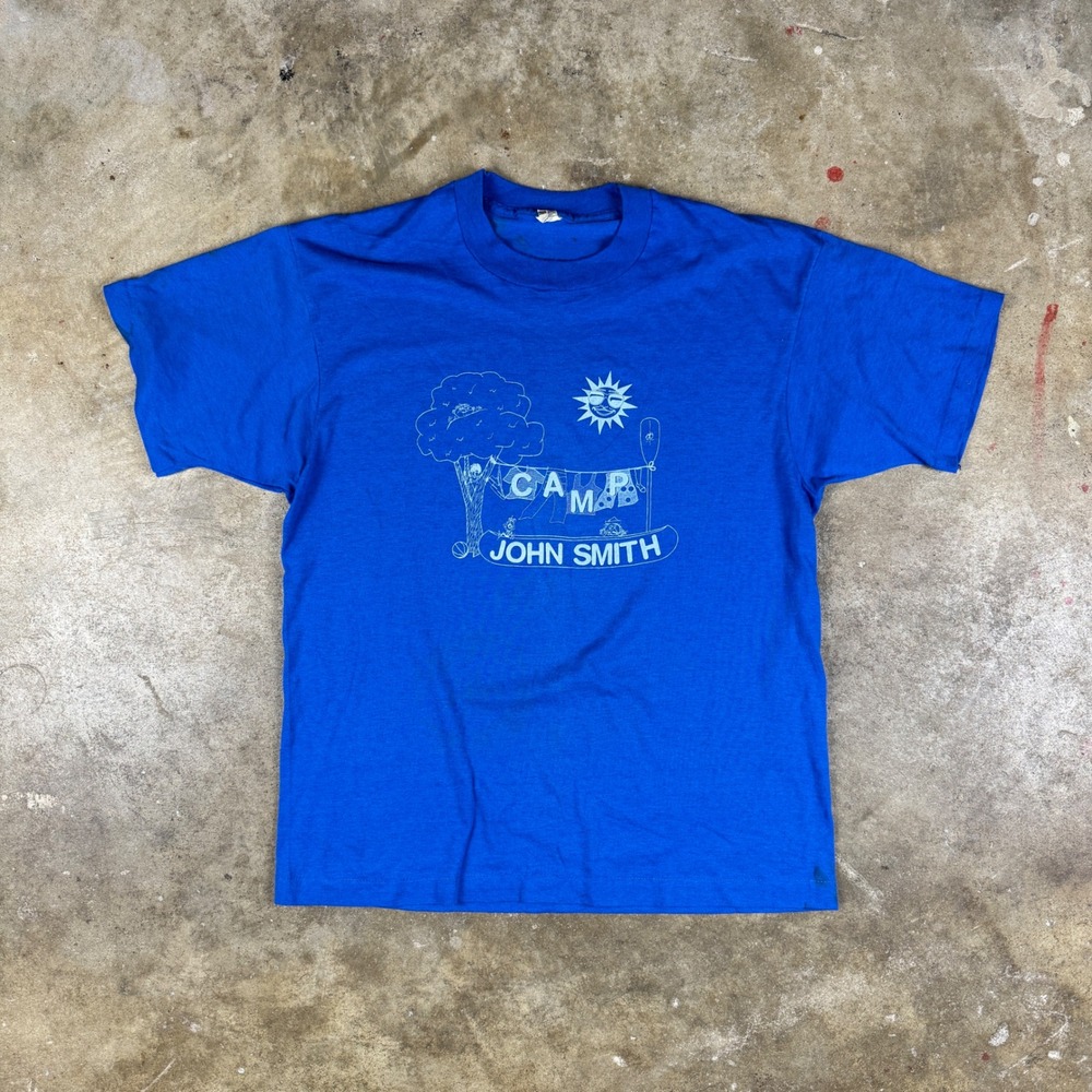 Vintage 1980s Camp John Smith Blue Graphic T-Shirt Made in USA Screen Stars L